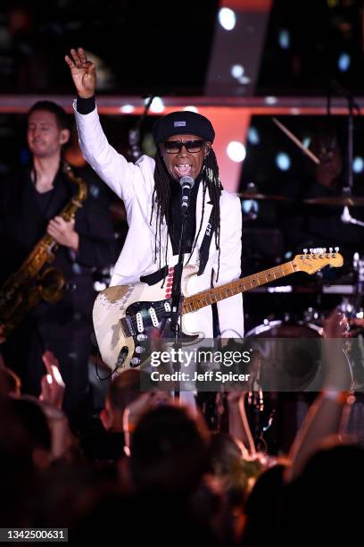 Nile Rodgers and Chic perform during Global Citizen Live at Sky Garden on September 25, 2021 in London, England.