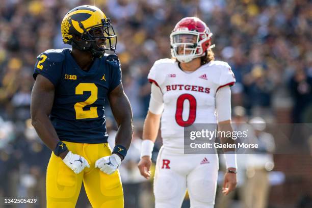 Defensive back Brad Hawkins of the Michigan Wolverines celebrates after sacking quarterback Noah Vedral of the Rutgers Scarlet Knights in the first...