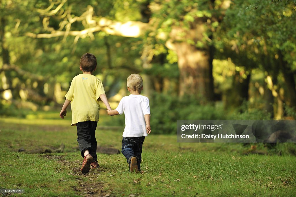 Brothers walking at sunrise