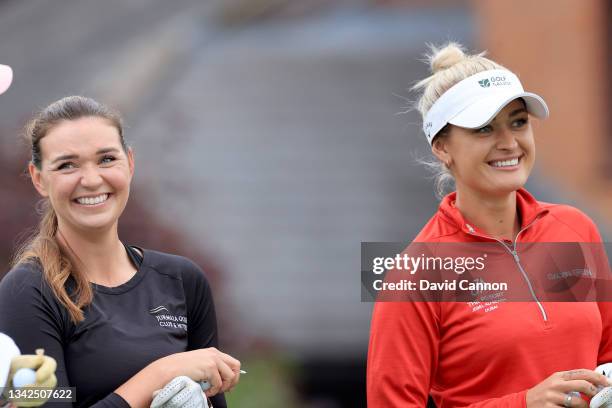 Amy Boulden of Wales waits to play her tee shot on the first hole with Rachel Drummond during the Rose Ladies Series Final at Bearwood Lakes Golf...