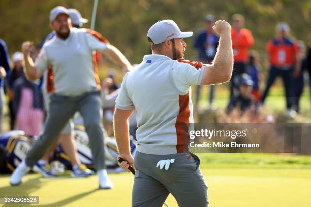 Tyrrell Hatton of England and team Europe celebrates on the 14th green during Saturday Afternoon Fourball Matches of the 43rd Ryder Cup at Whistling...