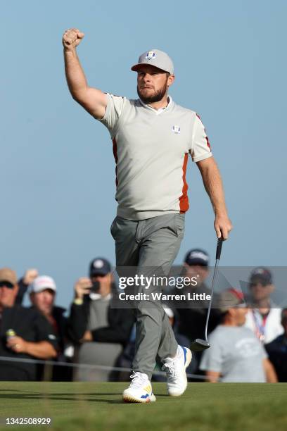 Tyrrell Hatton of England and team Europe celebrates on the 14th green during Saturday Afternoon Fourball Matches of the 43rd Ryder Cup at Whistling...