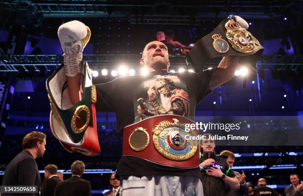 Oleksandr Usyk celebrates after being crowned the new World Champion following the Heavyweight Title Fight between Anthony Joshua and Oleksandr Usyk...