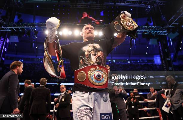 Oleksandr Usyk celebrates after being crowned the new World Champion following the Heavyweight Title Fight between Anthony Joshua and Oleksandr Usyk...