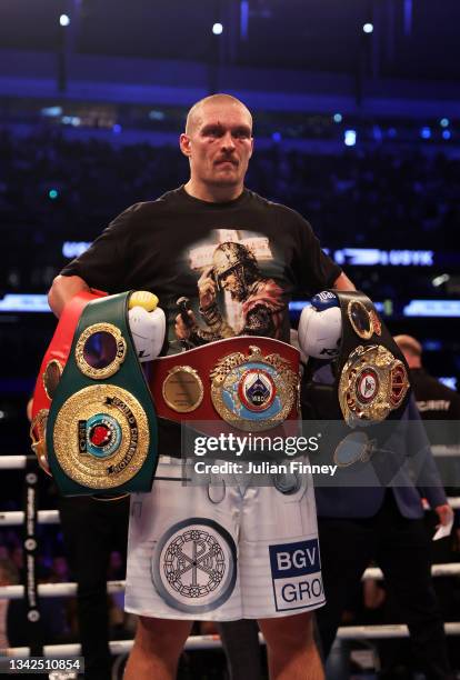 Oleksandr Usyk celebrates after being crowned the new World Champion following the Heavyweight Title Fight between Anthony Joshua and Oleksandr Usyk...