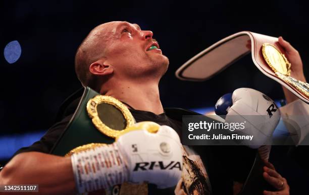 Oleksandr Usyk celebrates after being crowned the new World Champion following the Heavyweight Title Fight between Anthony Joshua and Oleksandr Usyk...