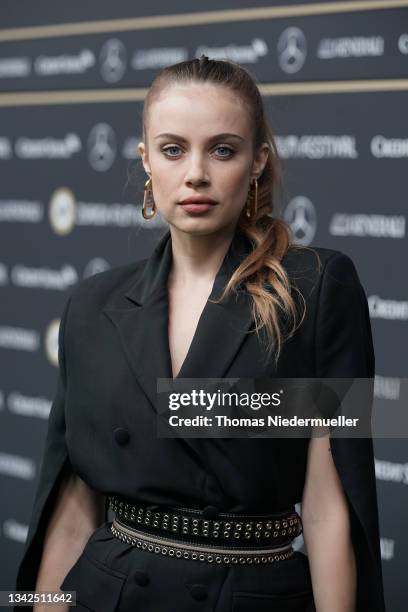 Xenia Tchoumitcheva is seen at the green carpet during a Moet & Chandon event during the 17th Zurich Film Festival on September 25, 2021 in Zurich,...