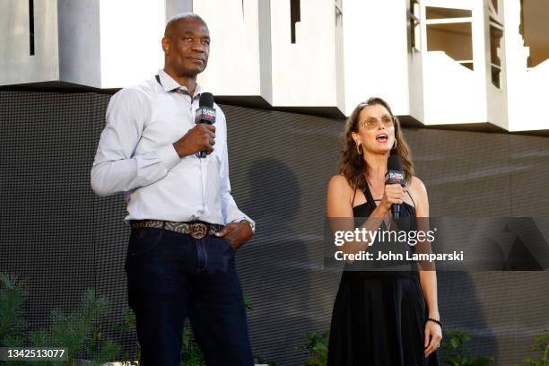 Dikembe Mutombo and Bridget Moynahan speak onstage during the 2021 Global Citizen Live: New York on September 25, 2021 in New York City.