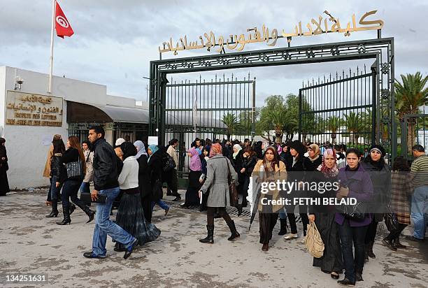 Students leave on November 29, 2011 the University of Manuba, 25 kms west of Tunis. Several hundred people gathered at the university to demand the...