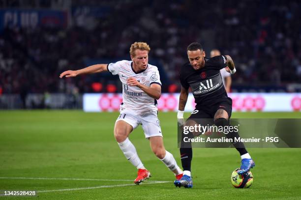 Neymar Jr of Paris Saint-Germain runs with the ball during the Ligue 1 Uber Eats match between Paris Saint Germain and Montpellier at Parc des...