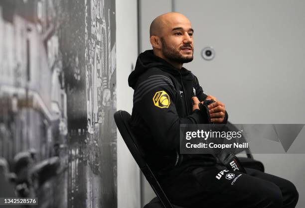 Marlon Moraes of Brazil warms up backstage during the UFC 266 event on September 25, 2021 in Las Vegas, Nevada.