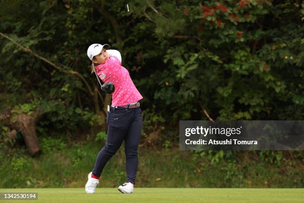 Mao Saigo of Japan hits her tee shot on the 2nd hole during the final round of the Miyagi TV Cup Dunlop Ladies Open at Rifu Golf Club on September...