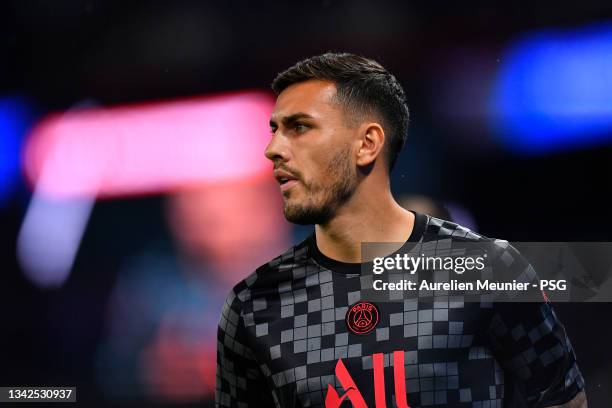 Leandro Paredes of Paris Saint-Germain looks on during warmup before the Ligue 1 Uber Eats match between Paris Saint Germain and Montpellier at Parc...