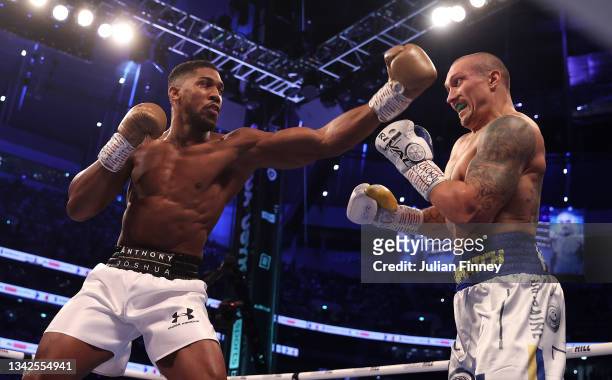 Oleksandr Usyk of Ukraine fights Anthony Joshua of Great Britain during the Heavyweight Title Fight between Anthony Joshua and Oleksandr Usyk at...