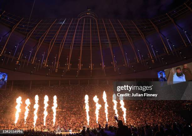 Anthony Joshua of Great Britain arrives ahead of the Heavyweight Title Fight between Anthony Joshua and Oleksandr Usyk at Tottenham Hotspur Stadium...