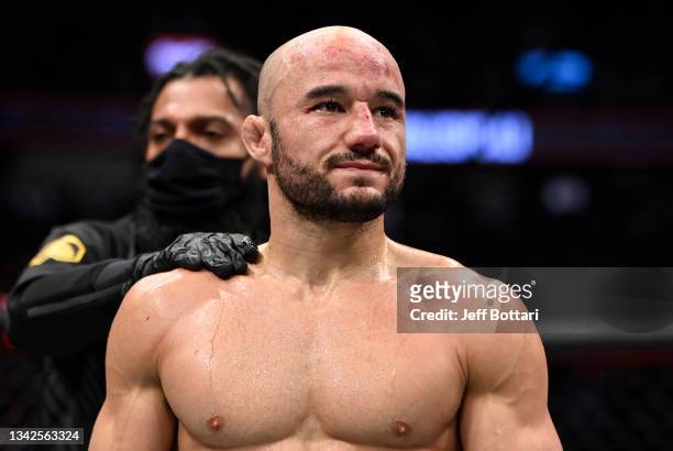 Marlon Moraes of Brazil reacts to his loss against Merab Dvalishvili of Georgia in their bantamweight fight during the UFC 266 event on September 25,...