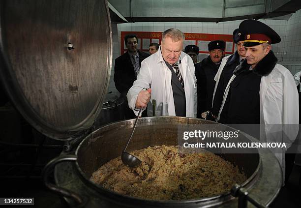 Liberal Democratic Party leader Vladimir Zhirinovsky visits the kitchen of Butyrka remand prison in Moscow, on November 25, 2011. The...