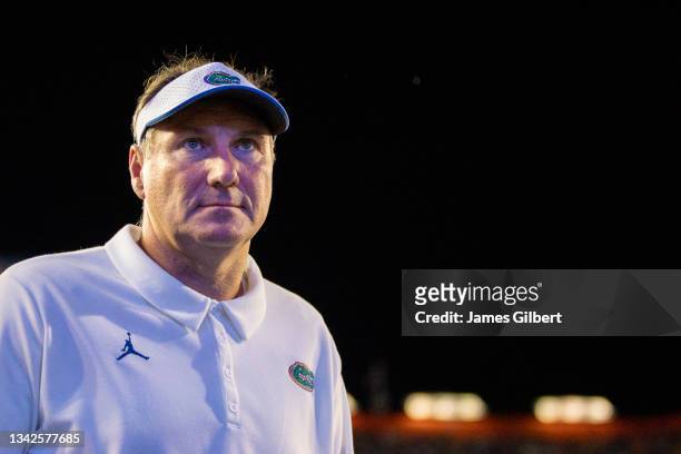Head coach Dan Mullen of the Florida Gators looks on during the second quarter of a game against the Tennessee Volunteers at Ben Hill Griffin Stadium...