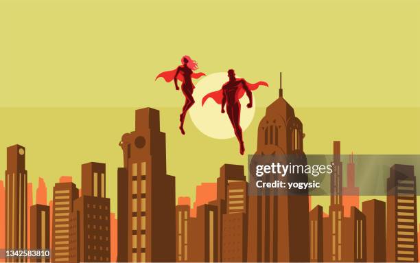 vector retro superhero couple floating in the sky in a city stock illustration - 1940s couple stock illustrations