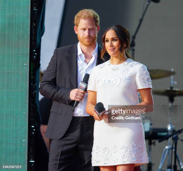 Prince Harry and Meghan Markle speak on stage at Global Citizen Live: New York on September 25, 2021 in New York City.