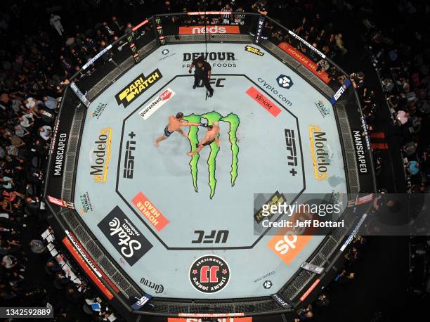 An overhead view of the Octagon during the UFC 266 event on September 25, 2021 in Las Vegas, Nevada.