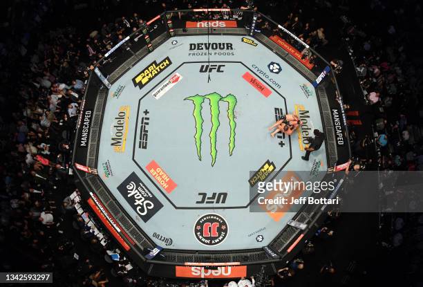 An overhead view of the Octagon during the UFC 266 event on September 25, 2021 in Las Vegas, Nevada.