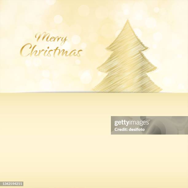 gold colored coniferous tree and sparkling lights in background with text message merry christmas vector backgrounds, half of it is plain for copy space - gold bubbles background stock illustrations