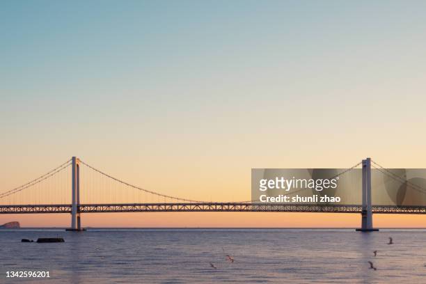 sea crossing bridge - hängebrücke stock-fotos und bilder