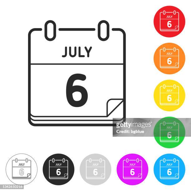 6. juli. flache symbole auf schaltflächen in verschiedenen farben - day 6 stock-grafiken, -clipart, -cartoons und -symbole