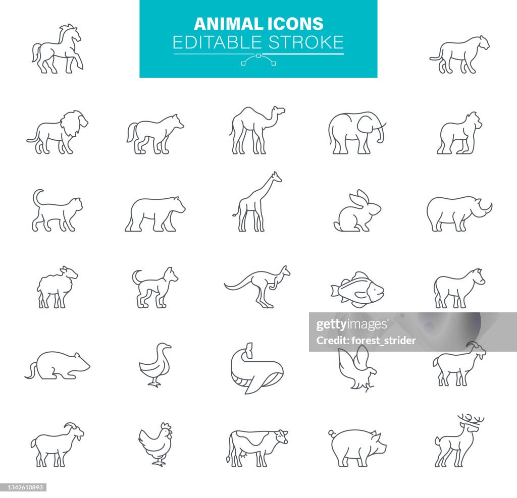 Bearbeitbare Striche für Tiersymbole. Enthält solche Symbole Hund, Katze, Bär, Maus, Schaf, Fuchs, Kaninchen, Giraffe, Elefant