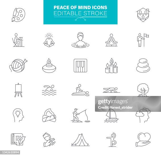 stockillustraties, clipart, cartoons en iconen met peace of mind icons editable stroke. contains such icons motivation, healthy lifestyle, yoga, relaxation - set sport