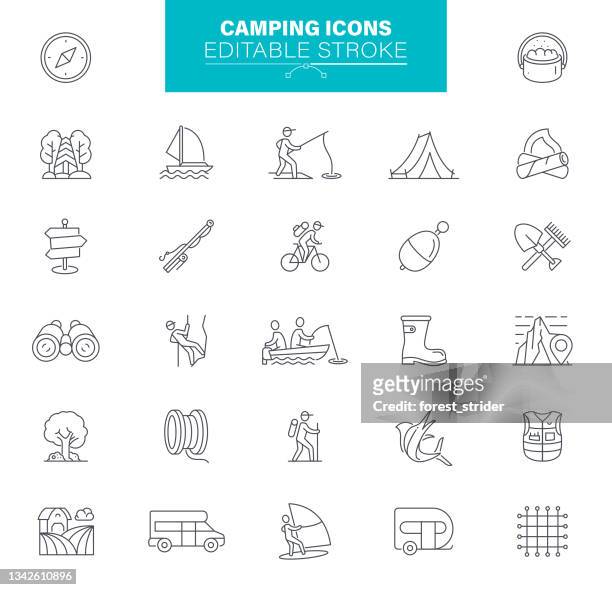 ilustrações, clipart, desenhos animados e ícones de camping ícones dedálado editável. contém ícones como fogo de acampamento, lanterna, mochila, montanhas, trailer de viagem, lenha, campista, almofada para dormir - matchstick
