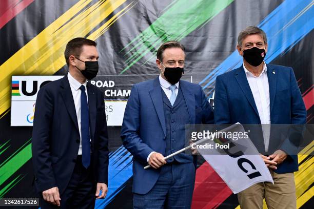 David Lappartient ‎of France President of the Union Cycliste Internationale UCI and Bart De Wever of Belgium Antwerp Mayor give the official start...