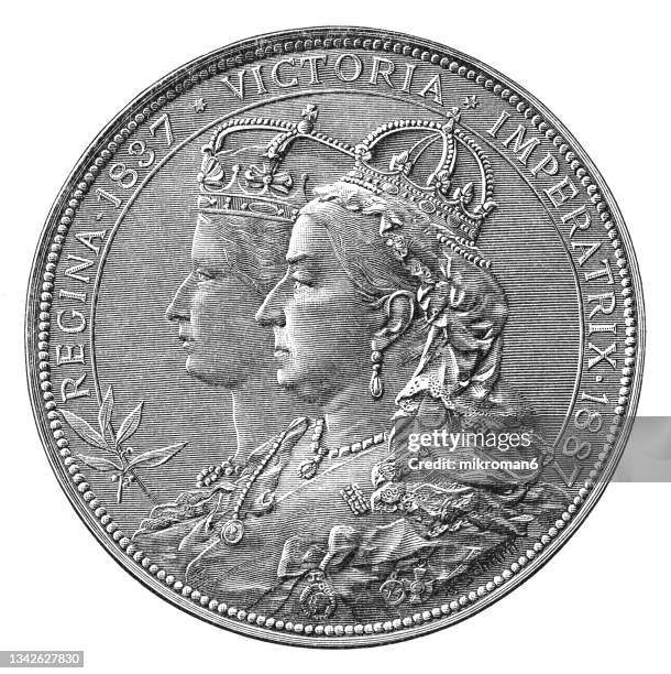 old engraved illustration of numismatics, medal for the 50th anniversary of the reign of queen victoria of great britain and ireland - crown coin stock pictures, royalty-free photos & images