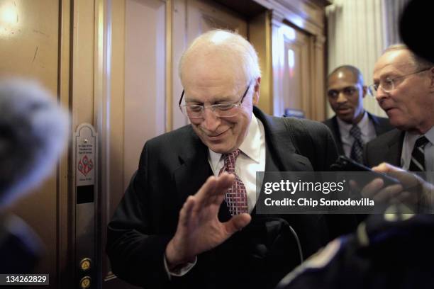 Former U.S. Vice President Dick Cheney refuses to answer press questions as he leaves the Senate Republican policy luncheon with Sen. Lamar Alexander...