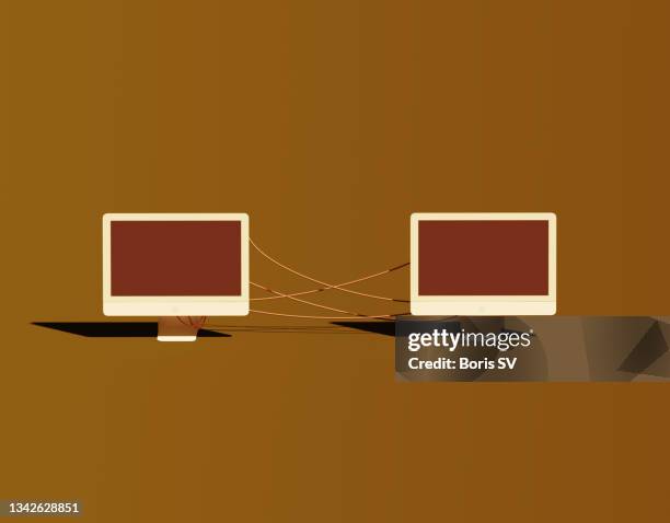 two monitors connected with wires - polygonal meeting stock pictures, royalty-free photos & images