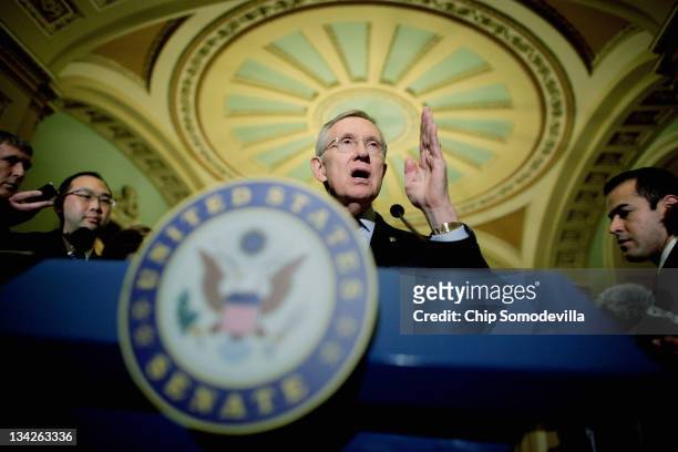 Senate Majority Leader Harry Reid answers reporters' questions after the weekly Senate Democratic policy luncheon at the U.S. Capitol November 29,...