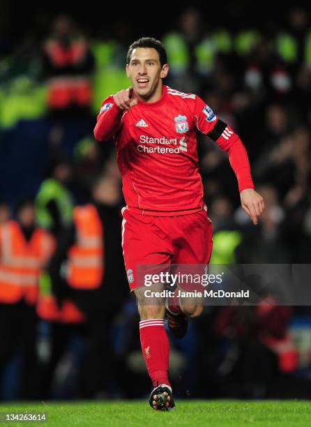Maxi Rodriguez of Liverpool celebrates the opening goal during the Carling Cup quarter final match between Chelsea and Liverpool at Stamford Bridge...