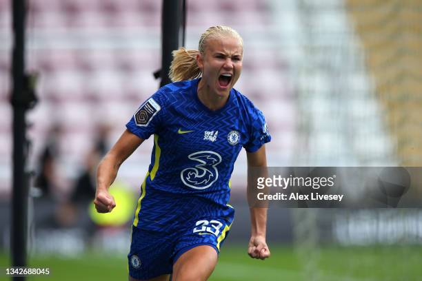 Pernille Harder of Chelsea celebrates after scoring their team's second goal during the Barclays FA Women's Super League match between Manchester...