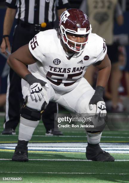 Kenyon Green of the Texas A&M Aggies lines up against the Arkansas Razorbacks in the second half of the Southwest Classic at AT&T Stadium on...