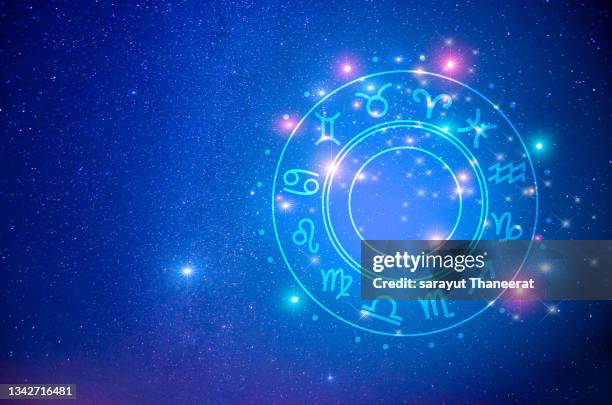 zodiac signs inside of horoscope circle. astrology in the sky with many stars and moons  astrology and horoscopes concept - horoskop bildbanksfoton och bilder