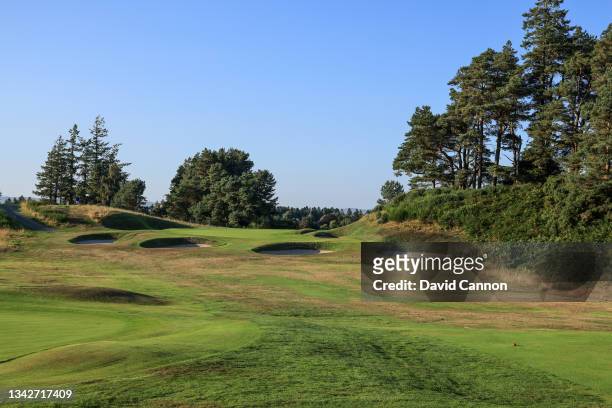 View of the par 3, 16th hole on the Kings Course at Gleneagles on September 01, 2021 in Auchterarder, Scotland.