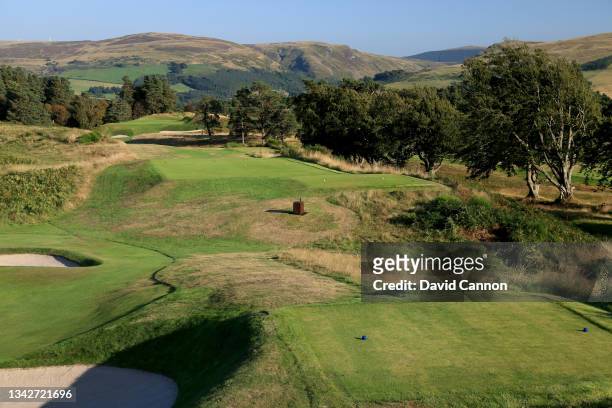 View of the par 4, ninth hole from behind the new back tee on the Kings Course at Gleneagles on September 01, 2021 in Auchterarder, Scotland.