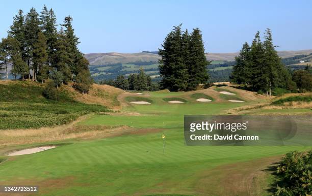 View of the par 4, 13th green with the par 4, 14th hole behind on the Kings Course at Gleneagles on September 01, 2021 in Auchterarder, Scotland.