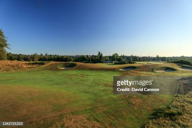 View of the par 5, 18th hole on the Kings Course at Gleneagles on September 01, 2021 in Auchterarder, Scotland.