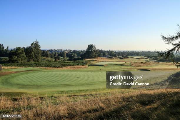 View from the left side of the green on the par 4, 17th hole with the Gleneagles Hotel behind on the Kings Course at Gleneagles on September 01, 2021...