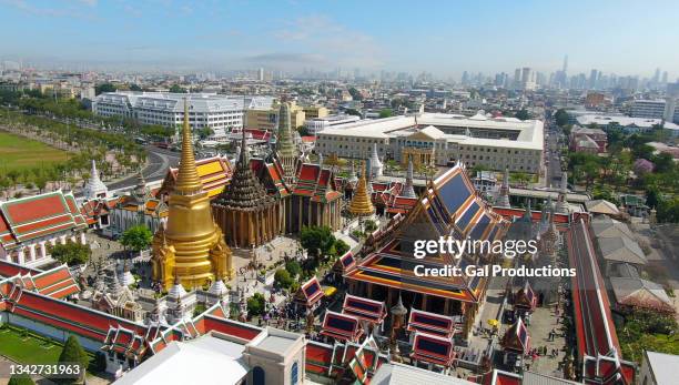 temple of the emerald buddha and bangkok ministry of defense, aerial / wat phra kaew / bangkok - grand palace bangkok stock pictures, royalty-free photos & images