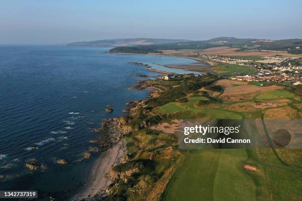 An aerial view of the par 4, ninth hole of the King Robert The Bruce Course at the Trump Turnberry Resort on September 02, 2021 in Turnberry,...