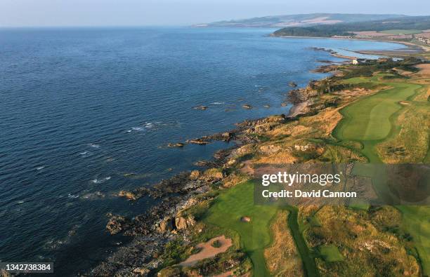 An aerial view of the par 4, ninth hole of the King Robert The Bruce Course with the green on the par 3, 11th hole on the Ailsa Course at the Trump...