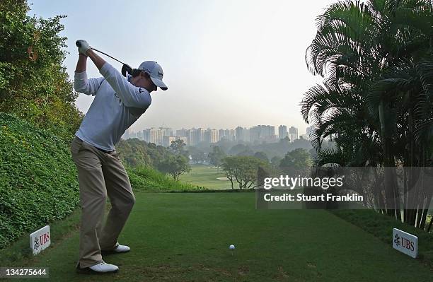 Rory McIlroy of Northern Ireland plays a shot during the pro - am for the UBS Hong Kong Open at The Hong Kong Golf Club on November 30, 2011 in Hong...